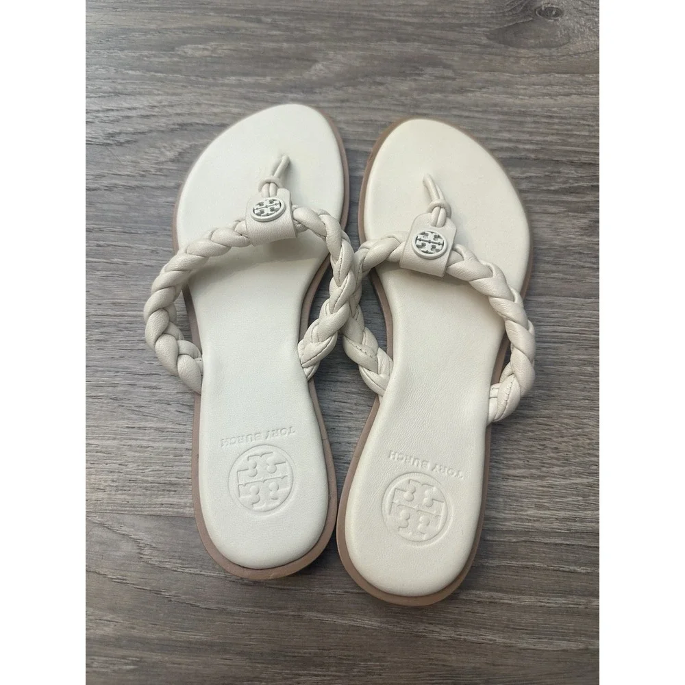Tory Burch Braided Benton Thong Sandal White/brown Size 5